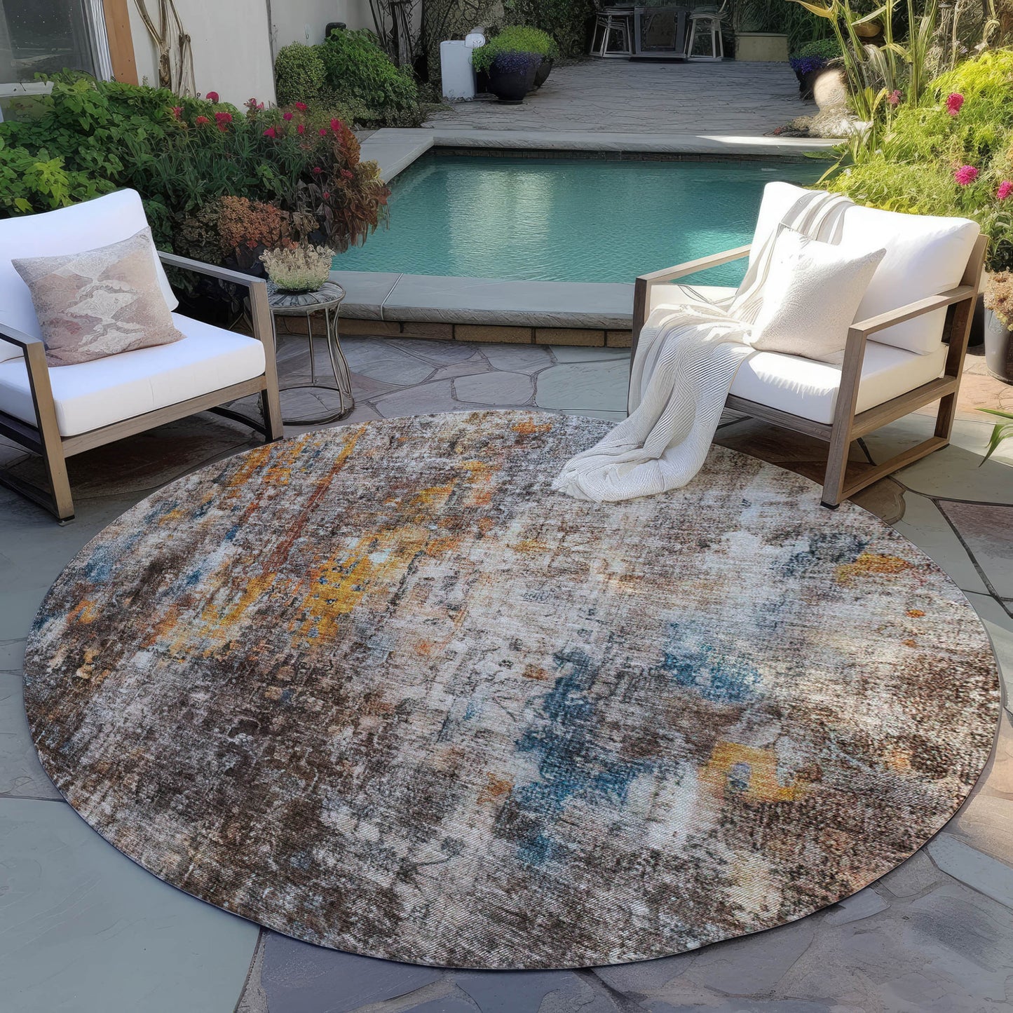 8' Taupe Chocolate And Copper Round Abstract Washable Indoor Outdoor Area Rug-5