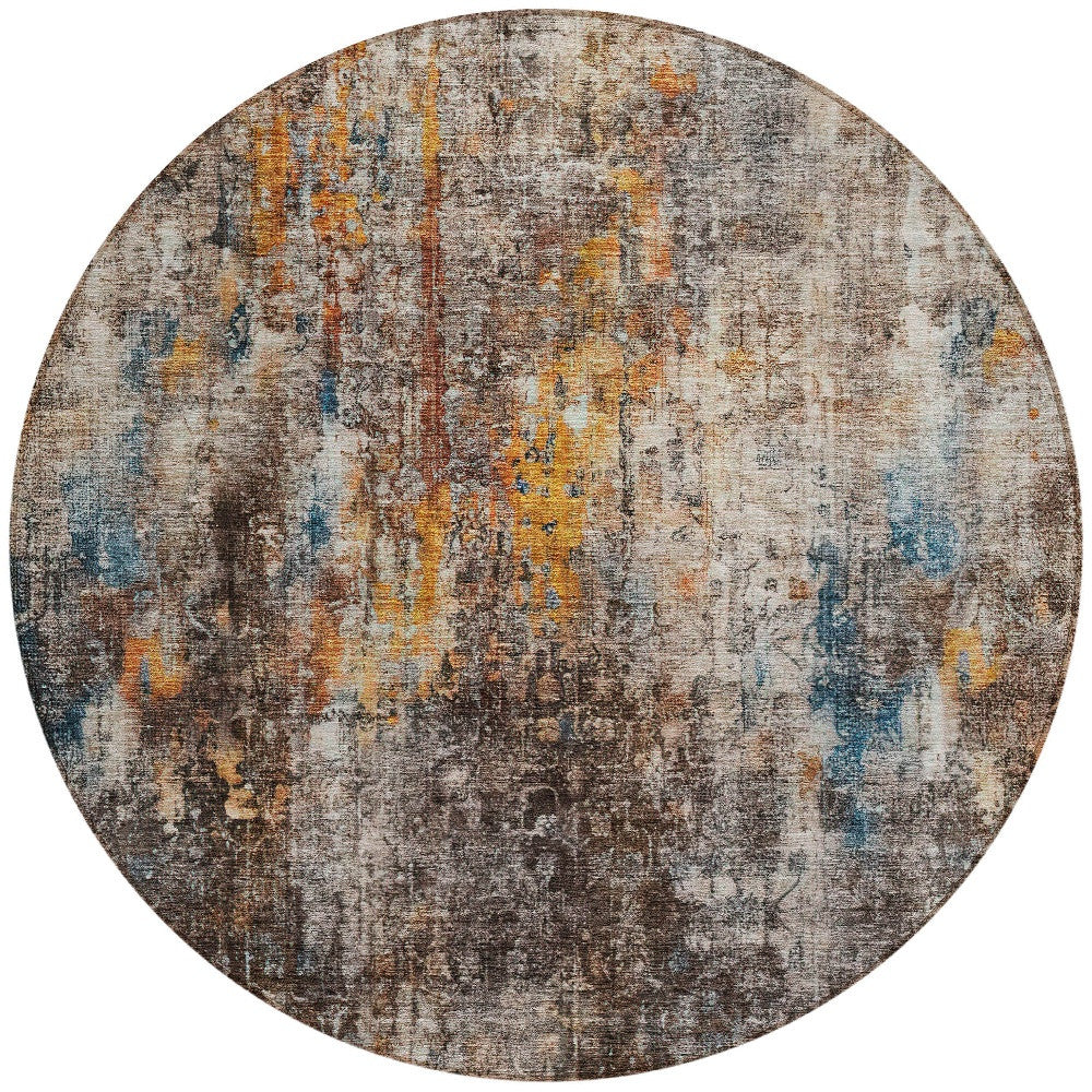 8' Taupe Chocolate And Copper Round Abstract Washable Indoor Outdoor Area Rug-4
