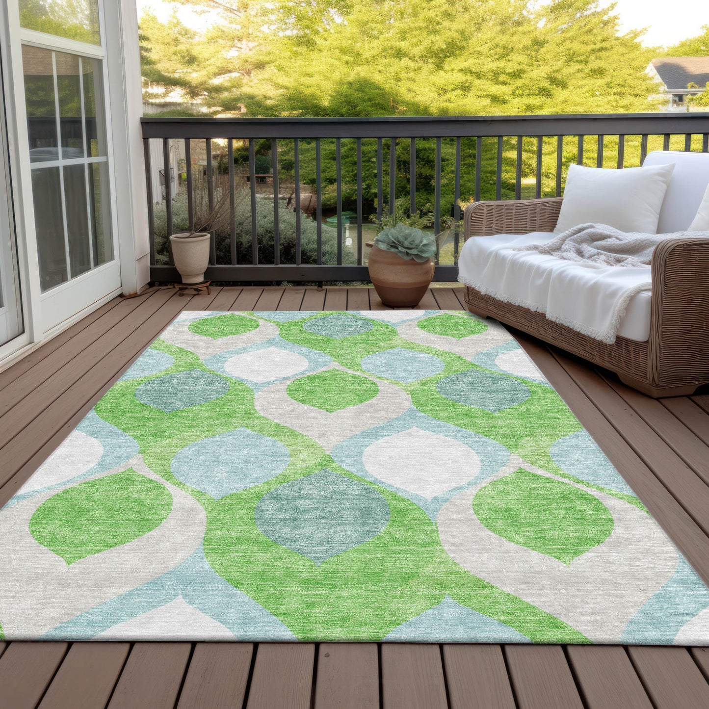 8' X 10' Lime Green Sky Blue And Denim Blue Ogee Washable Indoor Outdoor Area Rug-7
