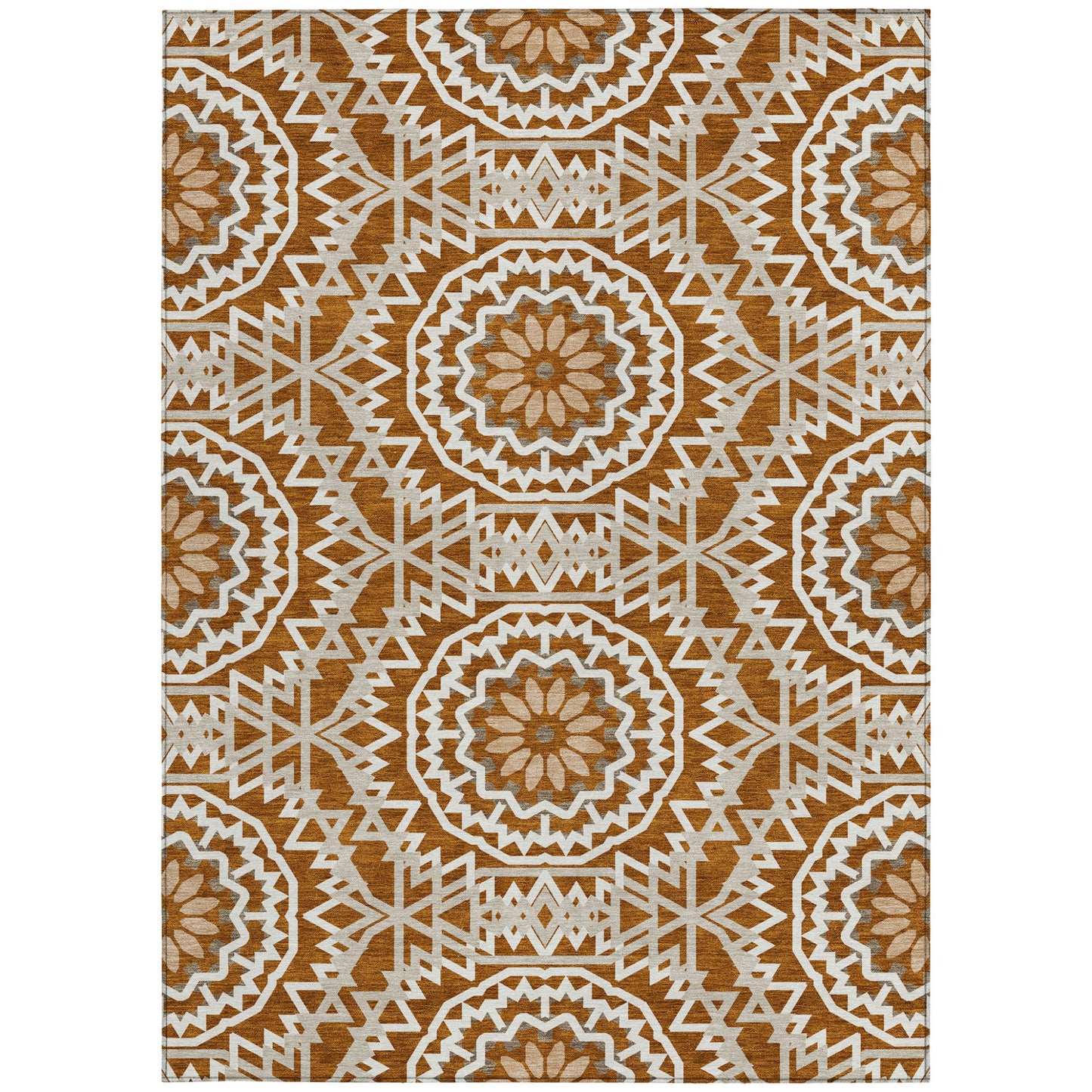 3' X 5' Orange Copper And Beige Floral Medallion Washable Indoor Outdoor Area Rug-5