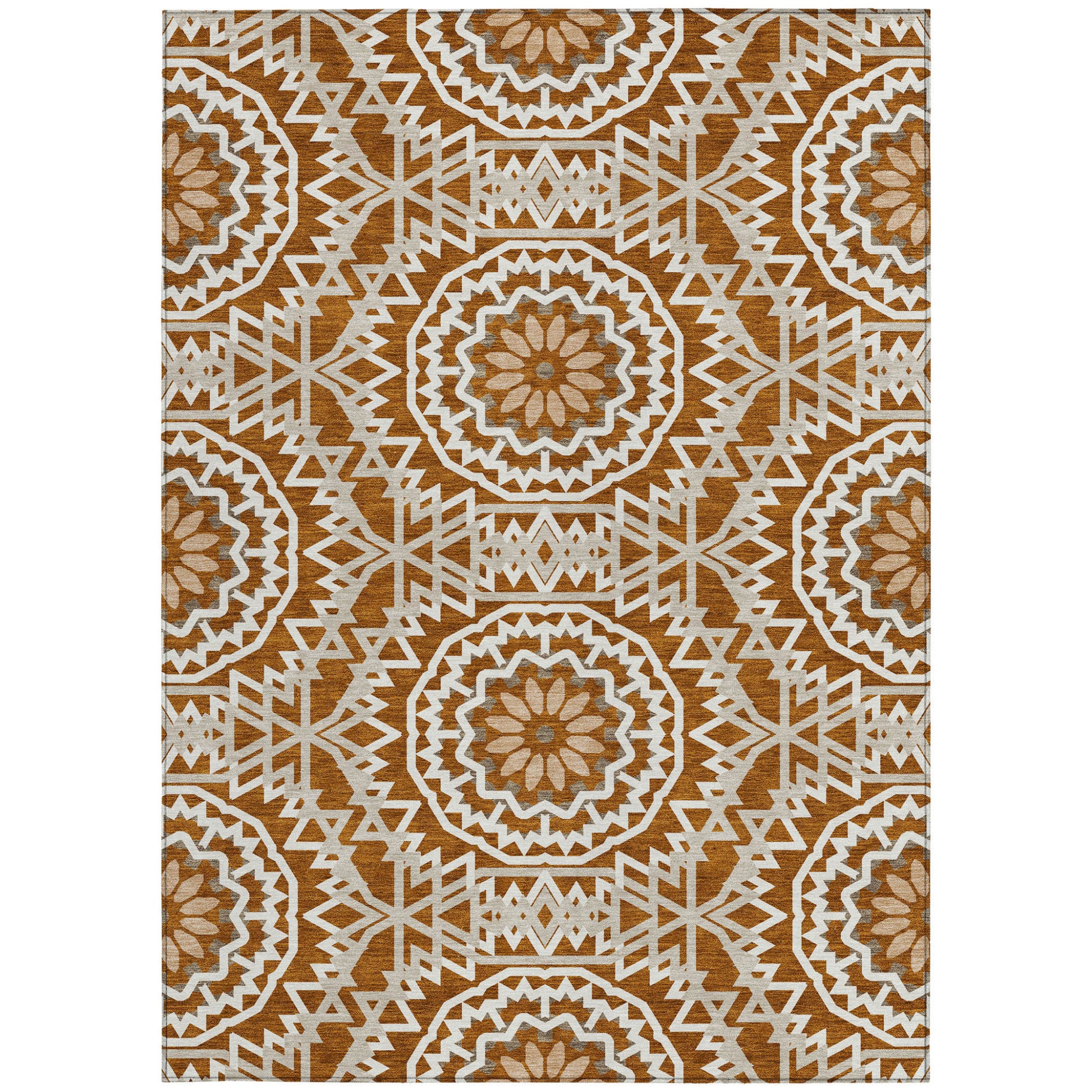 3' X 5' Orange Copper And Beige Floral Medallion Washable Indoor Outdoor Area Rug-5