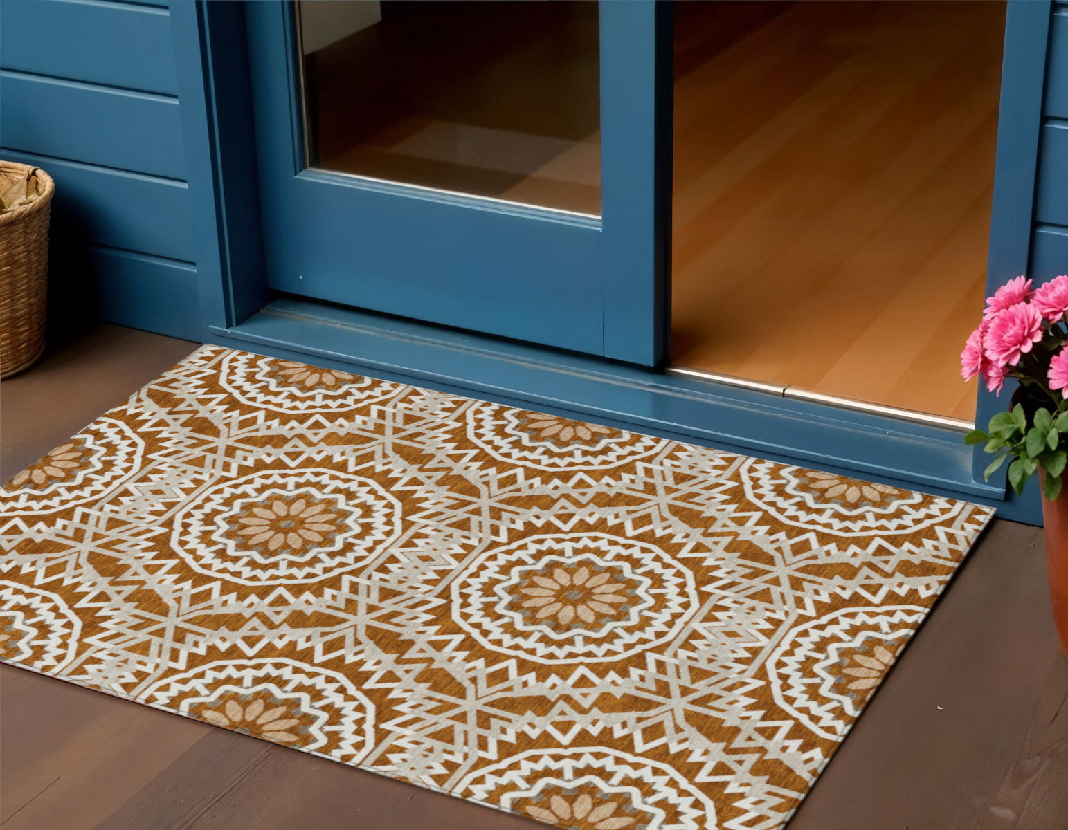 3' X 5' Orange Copper And Beige Floral Medallion Washable Indoor Outdoor Area Rug-0