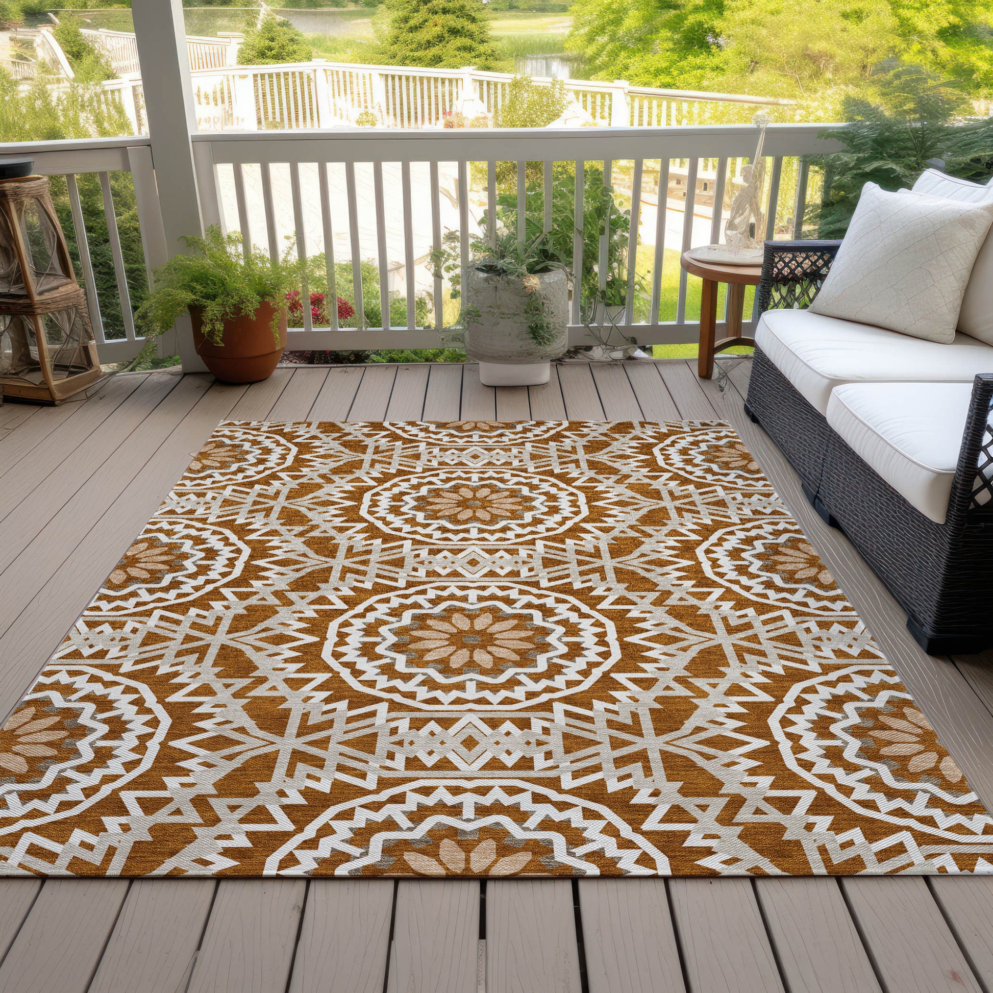 3' X 5' Orange Copper And Beige Floral Medallion Washable Indoor Outdoor Area Rug-6