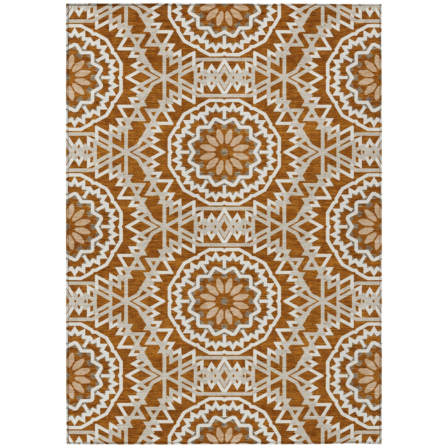 3' X 5' Orange Copper And Beige Floral Medallion Washable Indoor Outdoor Area Rug-1