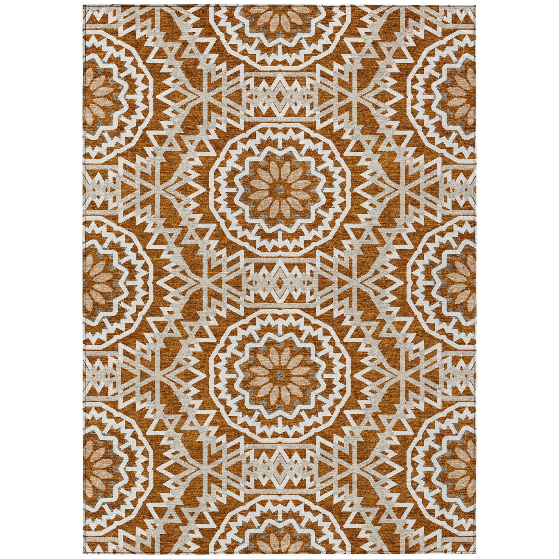 3' X 5' Orange Copper And Beige Floral Medallion Washable Indoor Outdoor Area Rug-1