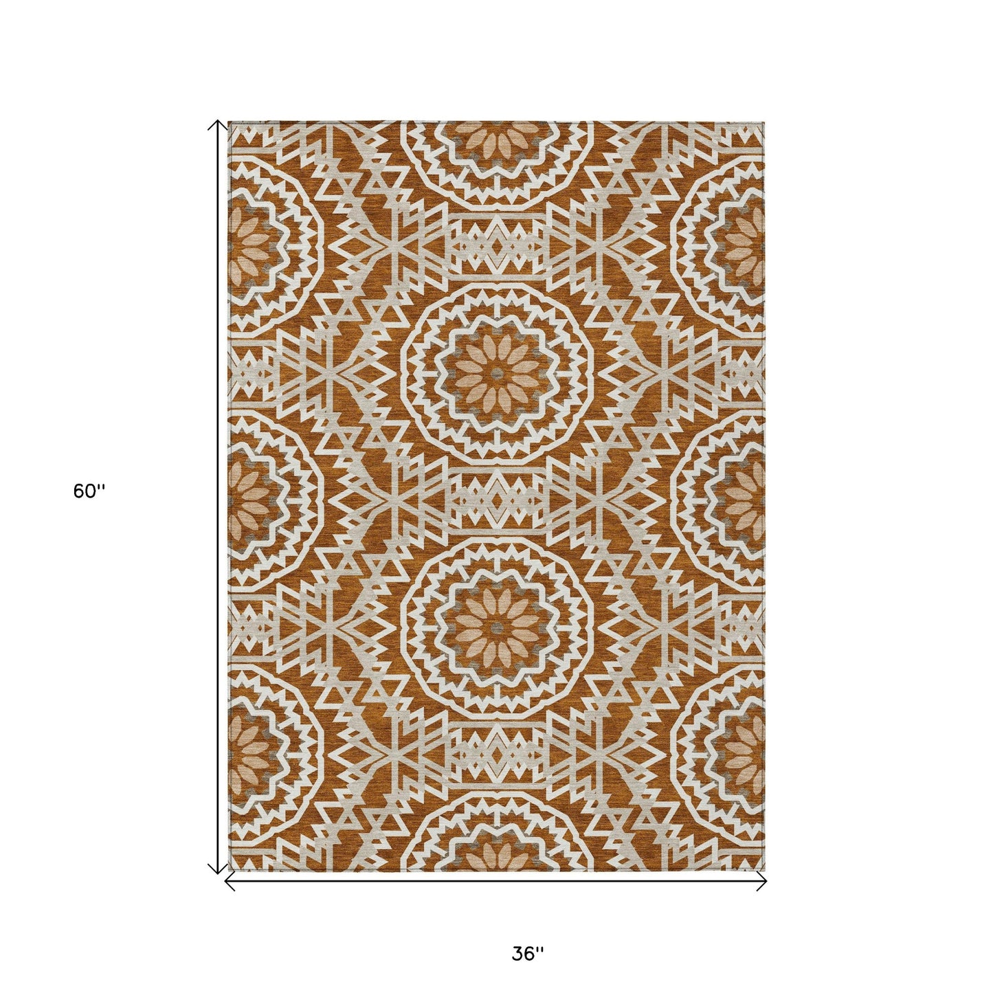 3' X 5' Orange Copper And Beige Floral Medallion Washable Indoor Outdoor Area Rug-2