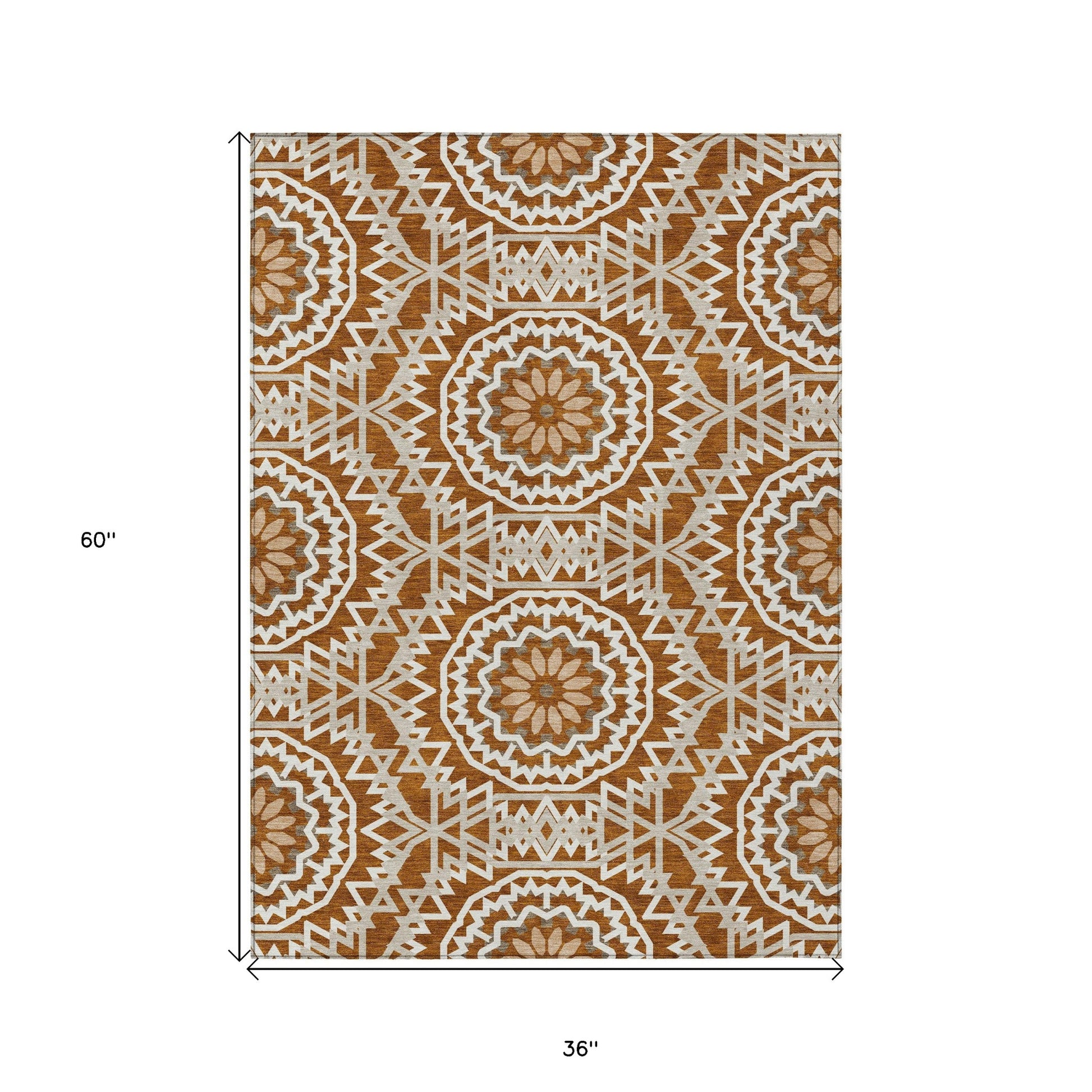 3' X 5' Orange Copper And Beige Floral Medallion Washable Indoor Outdoor Area Rug-2