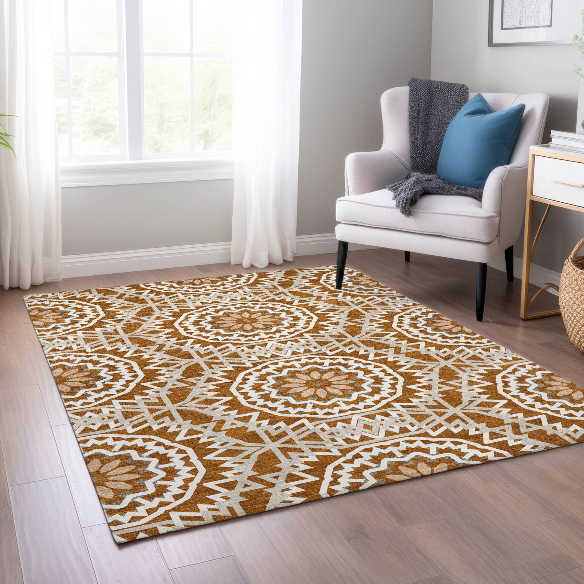 3' X 5' Orange Copper And Beige Floral Medallion Washable Indoor Outdoor Area Rug-7