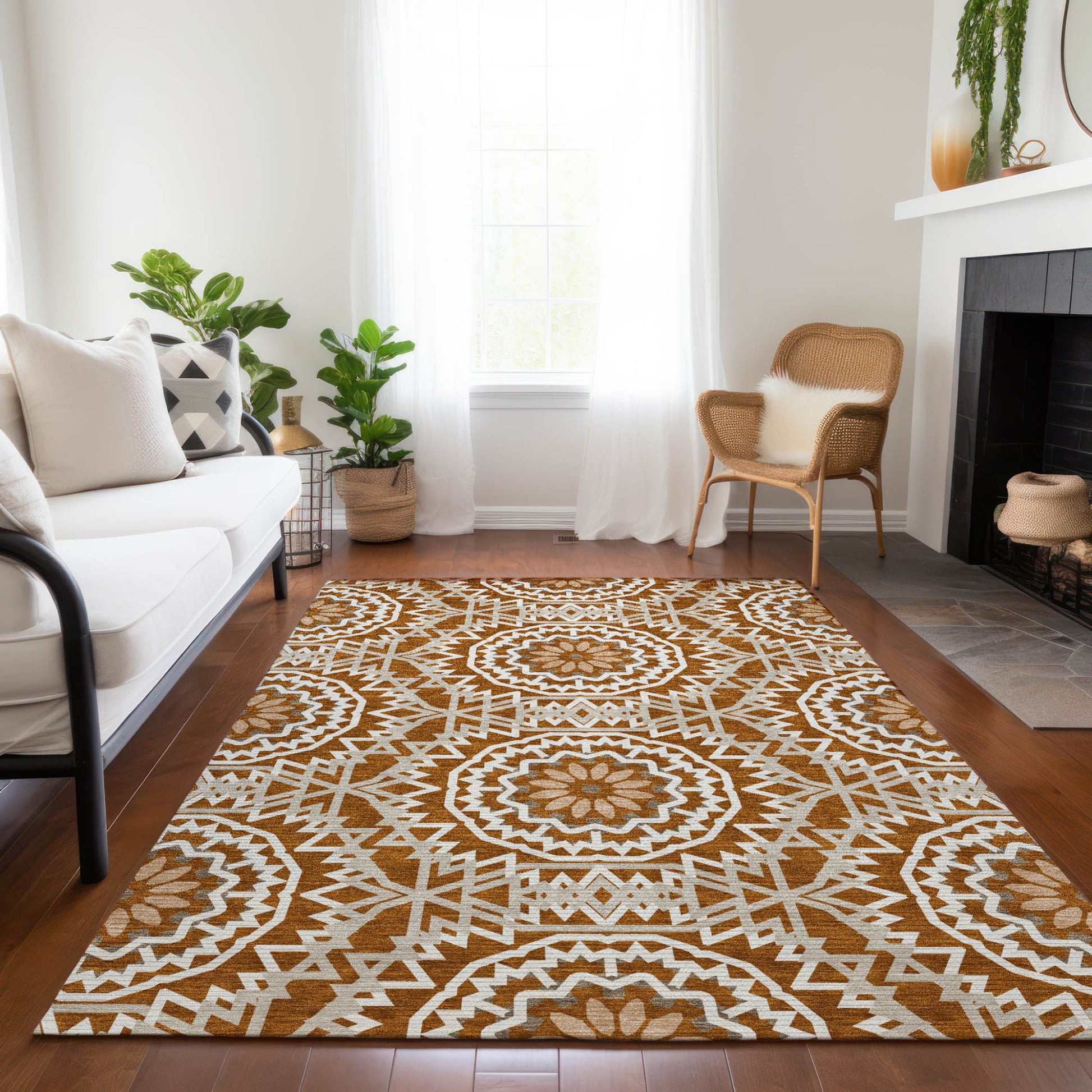 3' X 5' Orange Copper And Beige Floral Medallion Washable Indoor Outdoor Area Rug-8