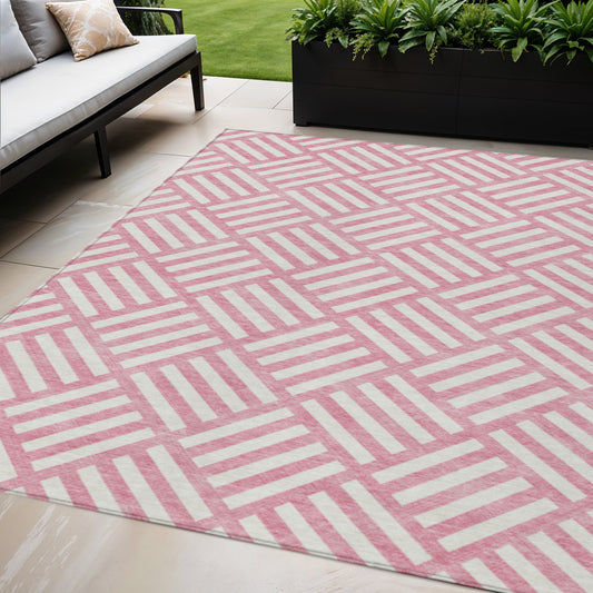 5' X 8' Pink And Ivory Geometric Washable Indoor Outdoor Area Rug-0