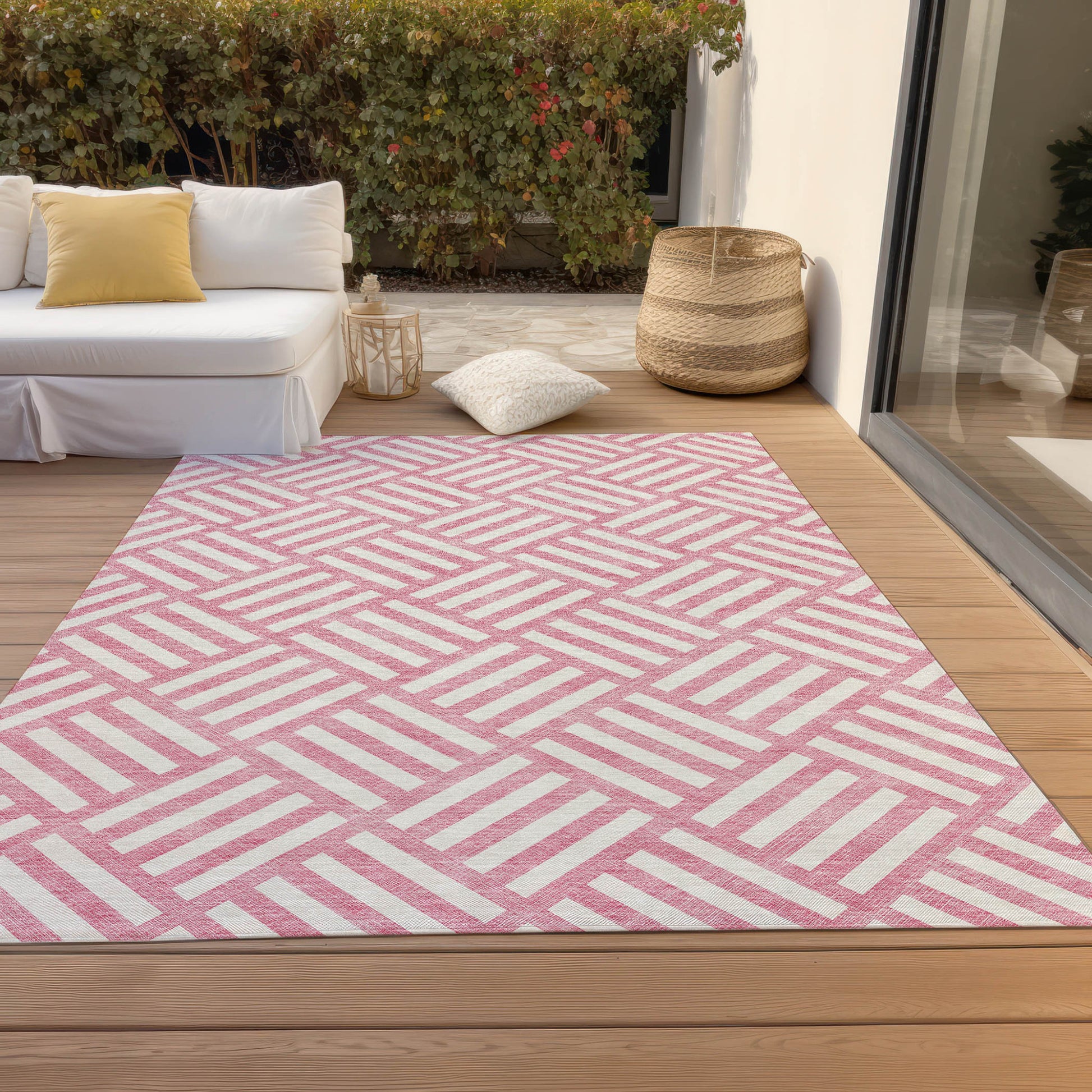 5' X 8' Pink And Ivory Geometric Washable Indoor Outdoor Area Rug-6