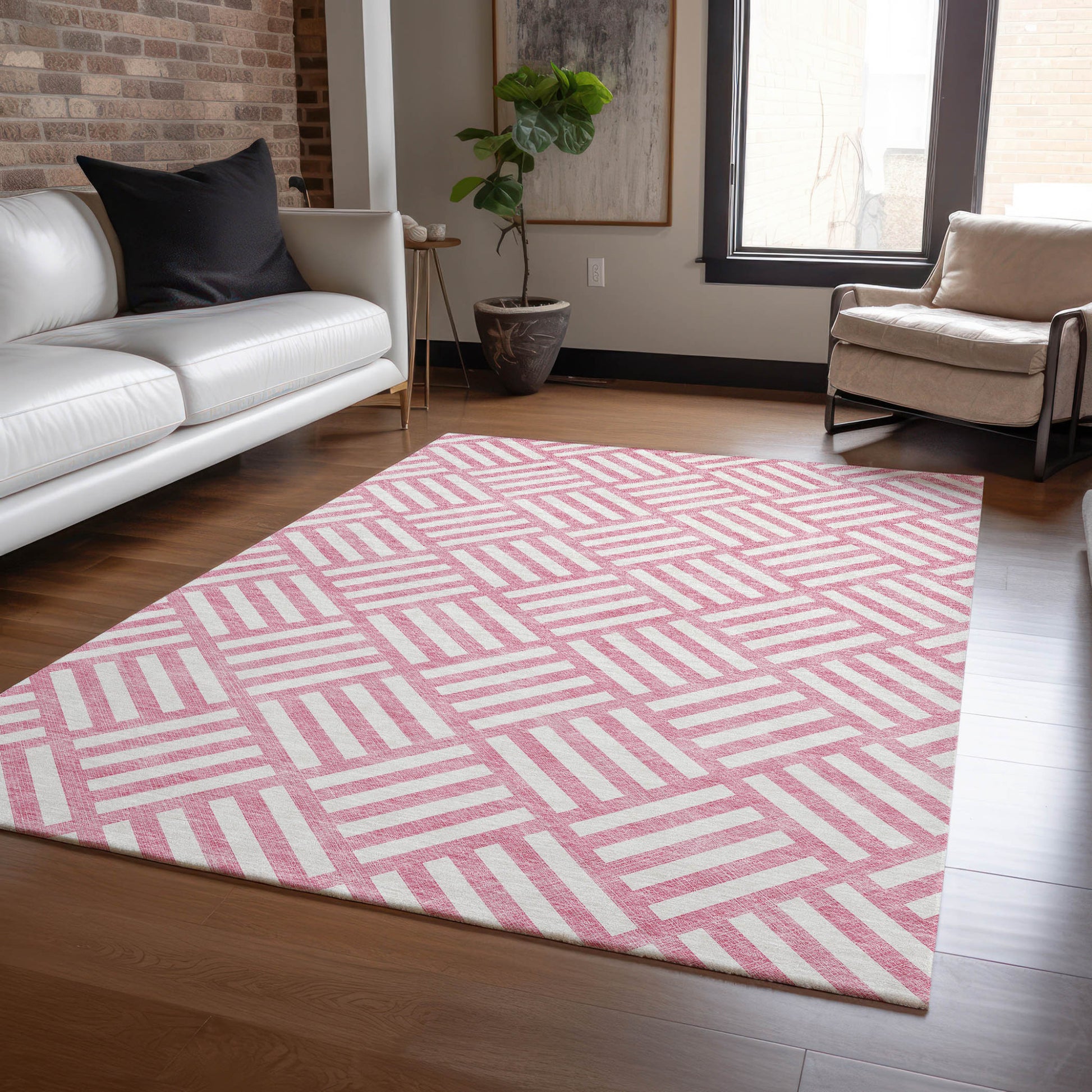 5' X 8' Pink And Ivory Geometric Washable Indoor Outdoor Area Rug-7