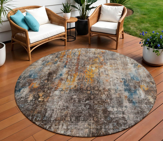8' Taupe Chocolate And Copper Round Abstract Washable Indoor Outdoor Area Rug-0