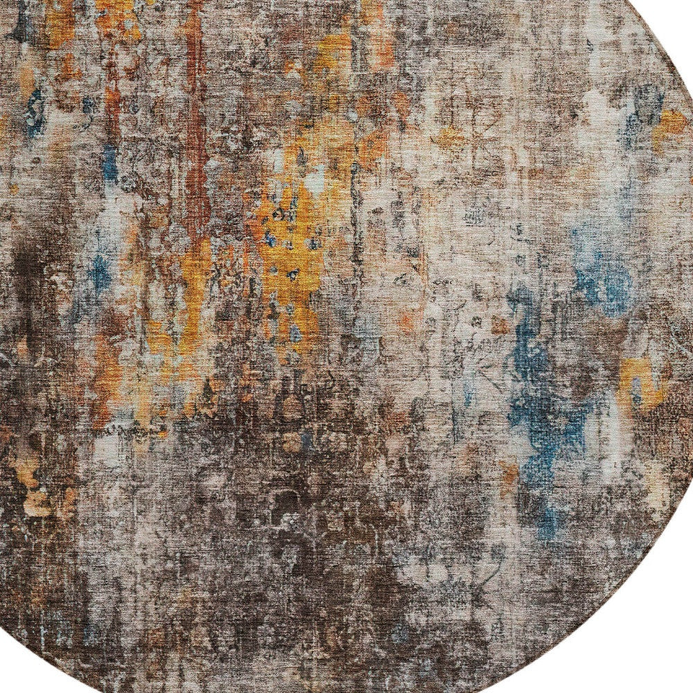 8' Taupe Chocolate And Copper Round Abstract Washable Indoor Outdoor Area Rug-3