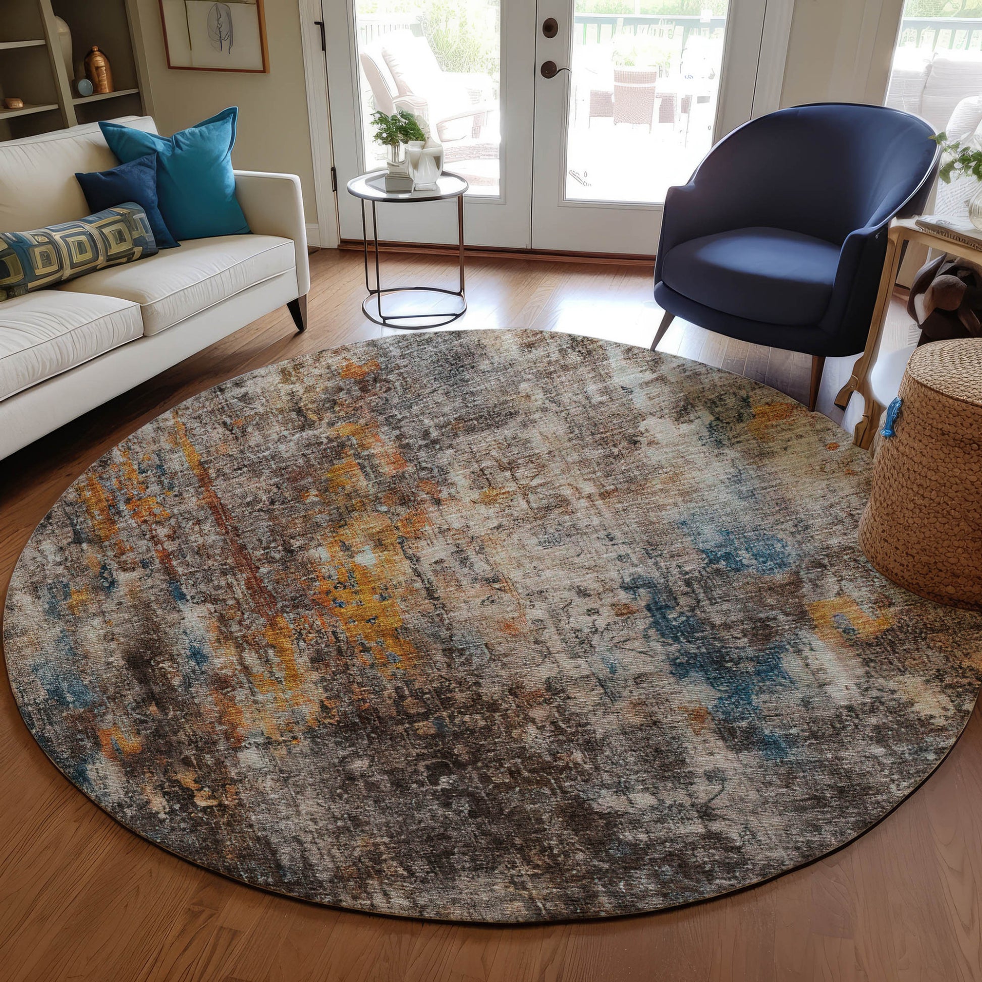8' Taupe Chocolate And Copper Round Abstract Washable Indoor Outdoor Area Rug-6