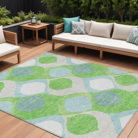 8' X 10' Lime Green Sky Blue And Denim Blue Ogee Washable Indoor Outdoor Area Rug-0